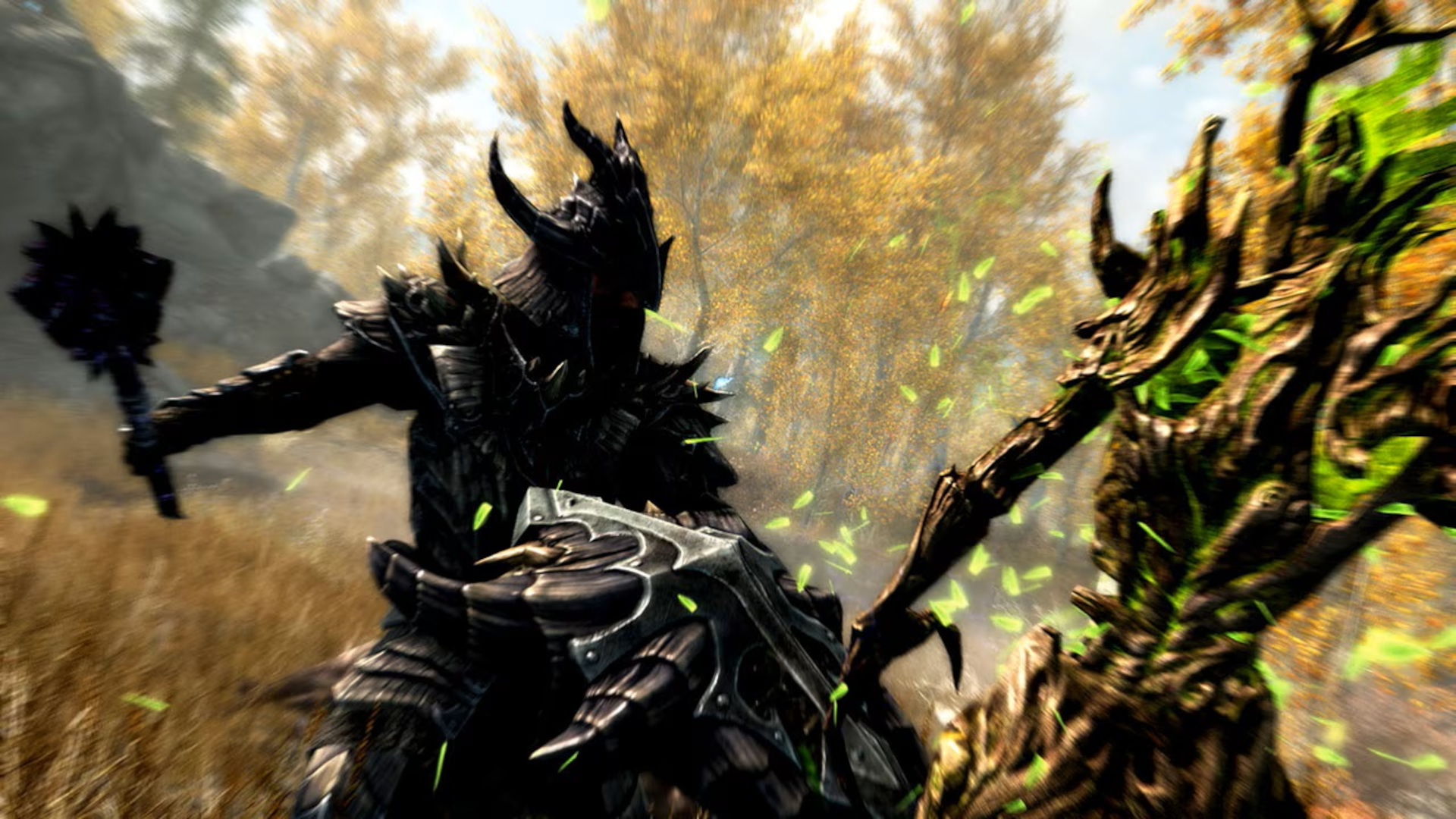 In Skyrim on PS5, the Dragonborn fights against a tree-like Spriggan