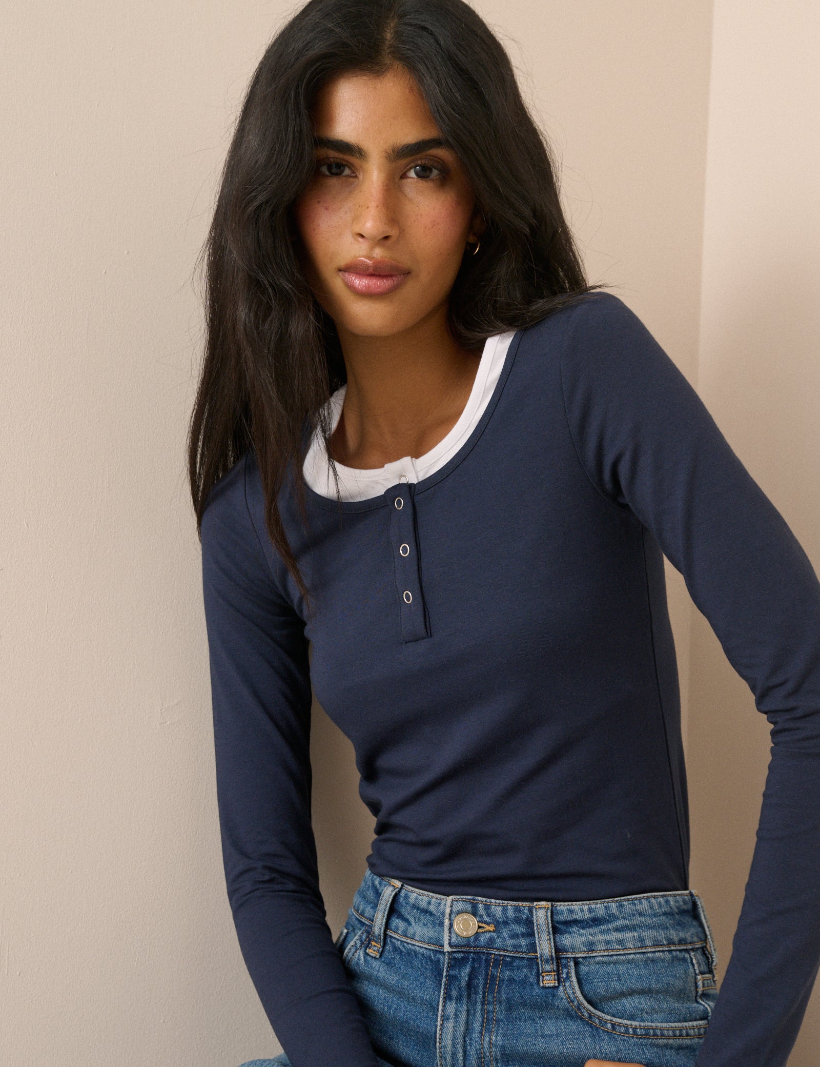 Navy Double Layer Henley Top