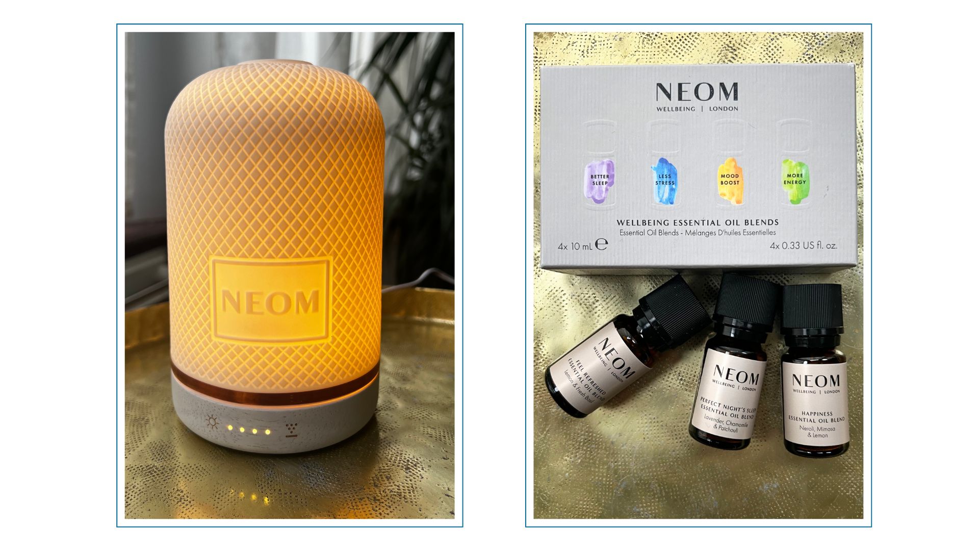 An image of NEOM Wellbeing pod on a gold tray with a glowing light, next to three bottles of NEOM essential oil and their box on a gold tray
