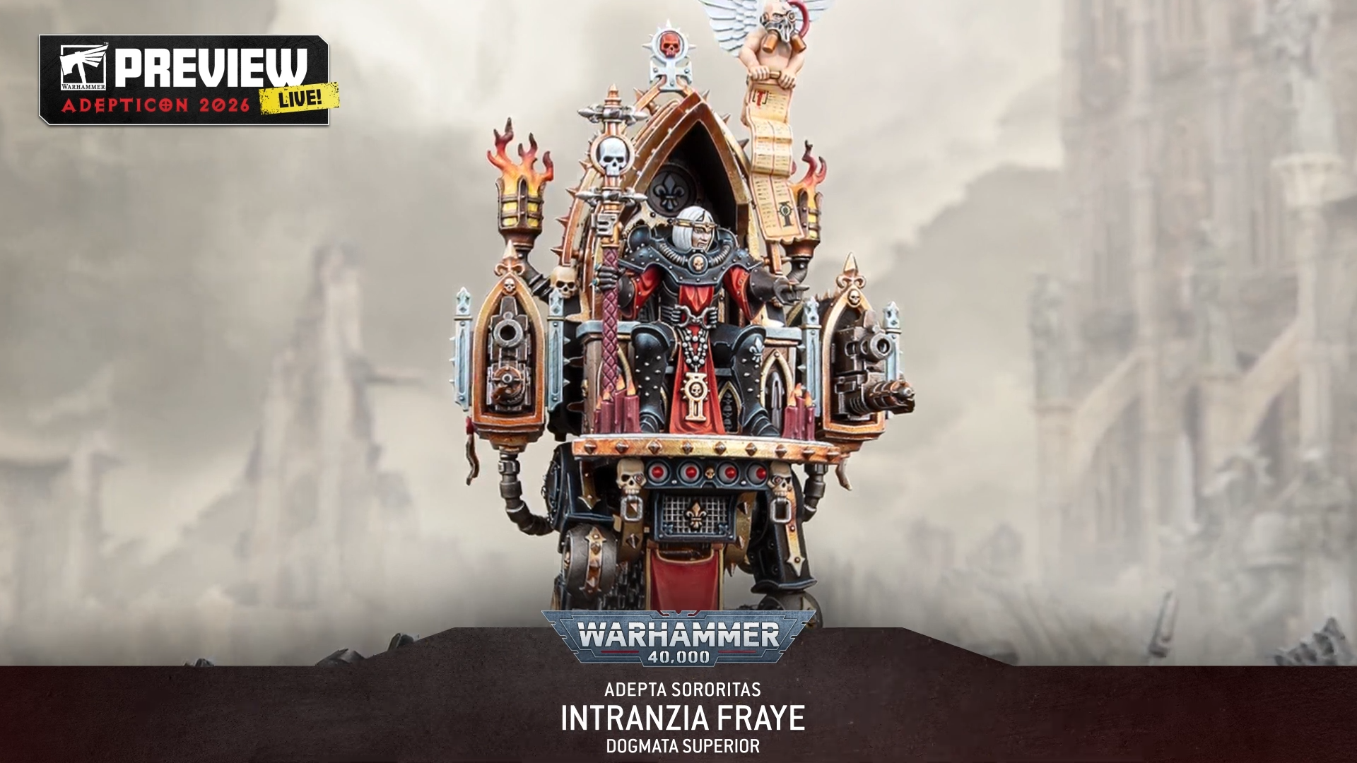 Warhammer miniatures posed against terrain and other models