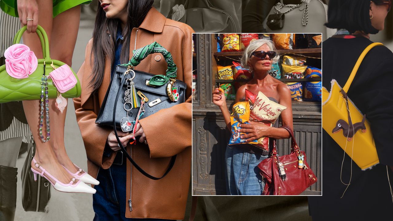 A collage showing the bag charm trend on the style set.