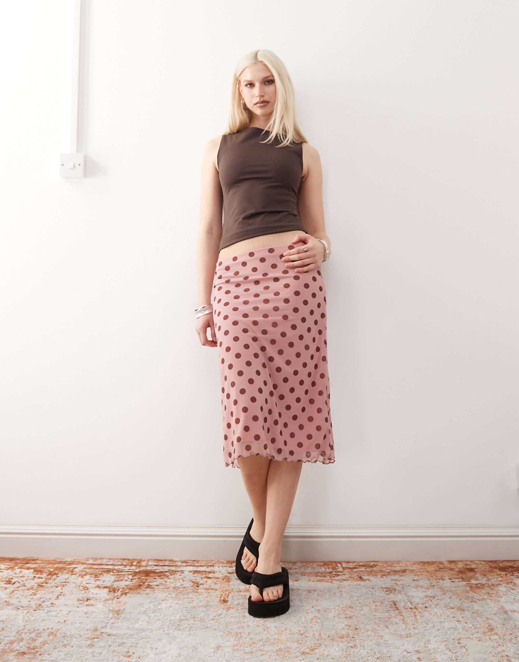 Reclaimed Vintage Midi Skirt in Rose Pink Polka Dot Print