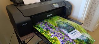A black Canon Pixma Pro-200 printer sitting on a small table