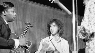 Blues guitarist B.B. King (on the left), Eric Clapton and Elvin Bishop (right) perform together onstage in 1967 in New York City, New York. 