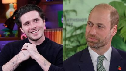 Prince William wearing a suit and tie and looking to the left with an amused expression next to a photo of Brooklyn Beckham wearing a black shirt and smiling with his hands against his chest