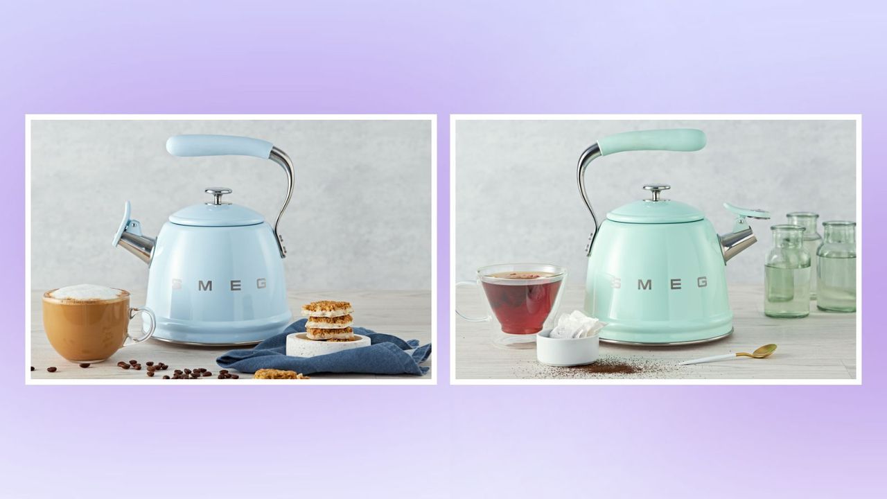 Two SMEG tea kettles, one in pastel blue, the other in pastel green, on a light purple background, they are round with 