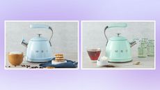 Two SMEG tea kettles, one in pastel blue, the other in pastel green, on a light purple background