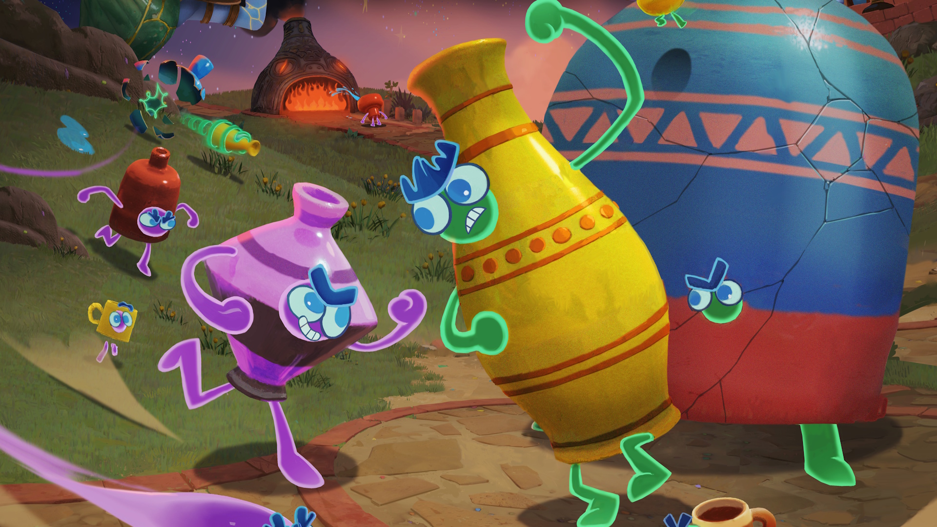 Kiln key art featuring colorful spirit-inhabited pots duking it out