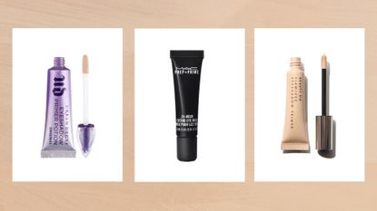 Collage of three of the best eyeshadow primers featured in this guide from Urban Decay, MAC Cosmetics and Beauty Pie, set against a beige background