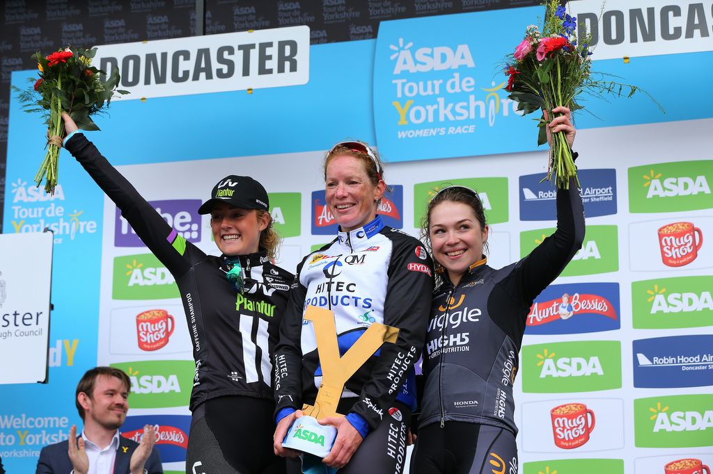 Liv-Plantur&rsquo;s Floortje Mackaij, Hitec's Kirsten Wild and Wiggle-High5&rsquo;s Lucy Garner on the podium