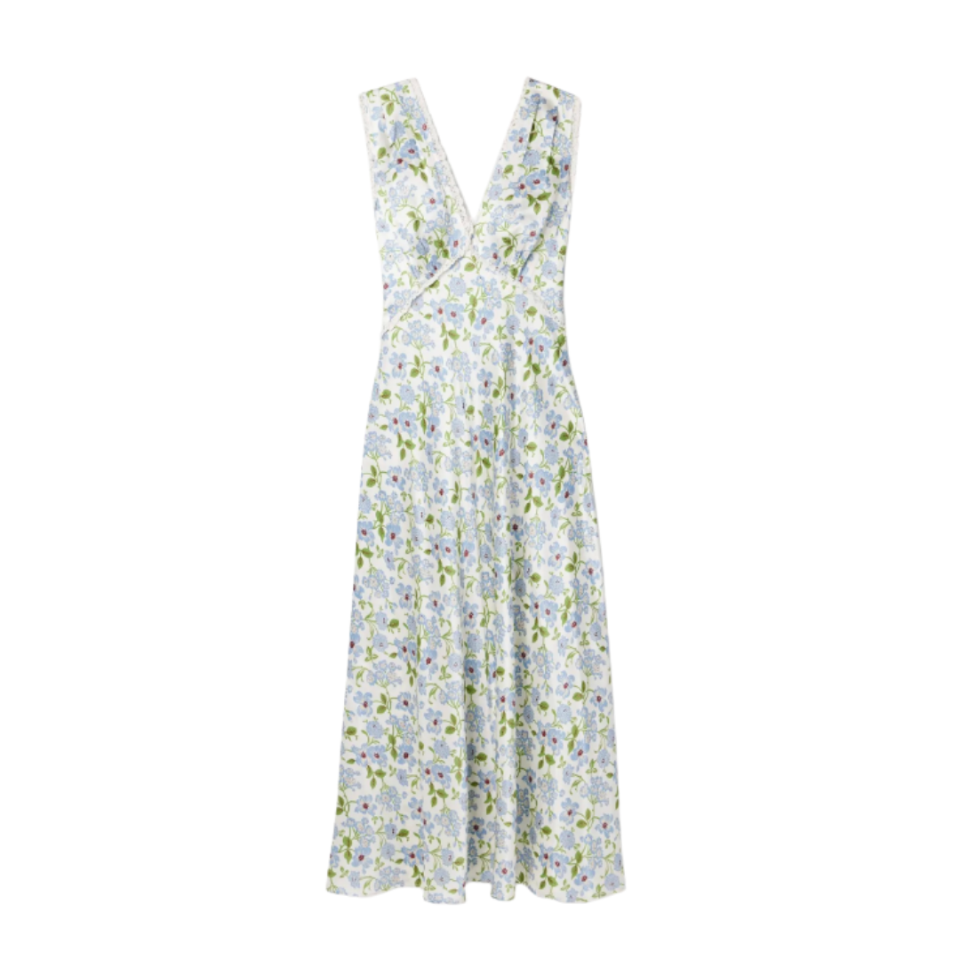 D&amp;Ocirc;EN, Tahlia Lace-Trimmed Floral-Print Silk-Charmeuse Midi Dress