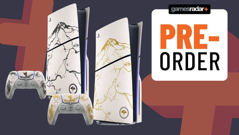 Images of the gold and black Ghost of Yotei PS5 consoles sitting on a black and orange GamesRadar+ background.