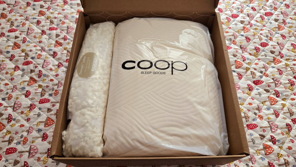 Coop Sleep Goods Adjustable Latex Pillow in its box, with the pillow rolled up and wrapped in plastic on the right and the bag of extra fill on the left.