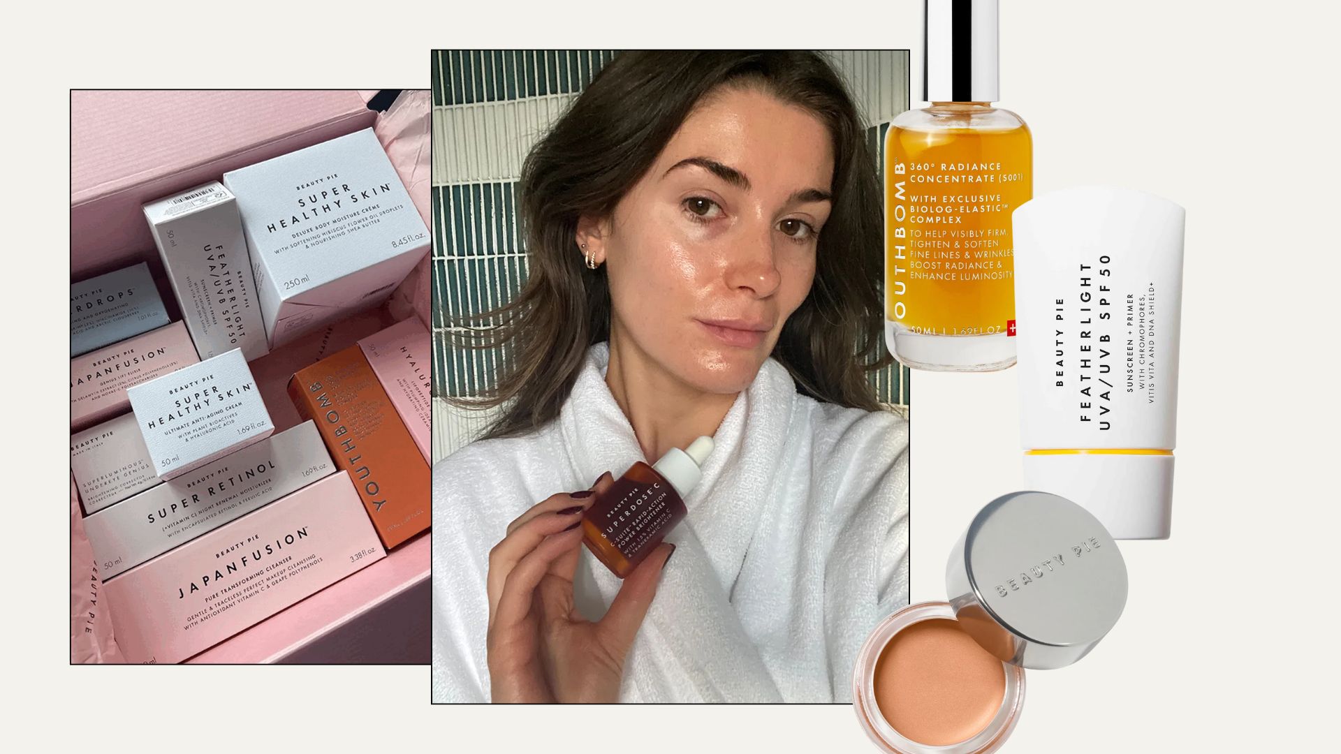 Beauty Pie products in a box, plus Eleanor Vousden holding a bottle of Beauty Pie face serum