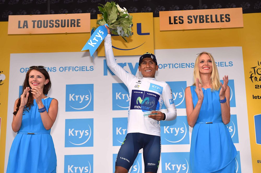Nairo Quintana in the white jersey of the Tour's best young rider.