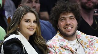 Actress Selena Gomez, left, and actor Benny Blanco during the first half of an NBA basketball game between the Los Angeles Lakers at Crypto.com Arena in Los Angeles Wednesday, Jan. 3, 2024.