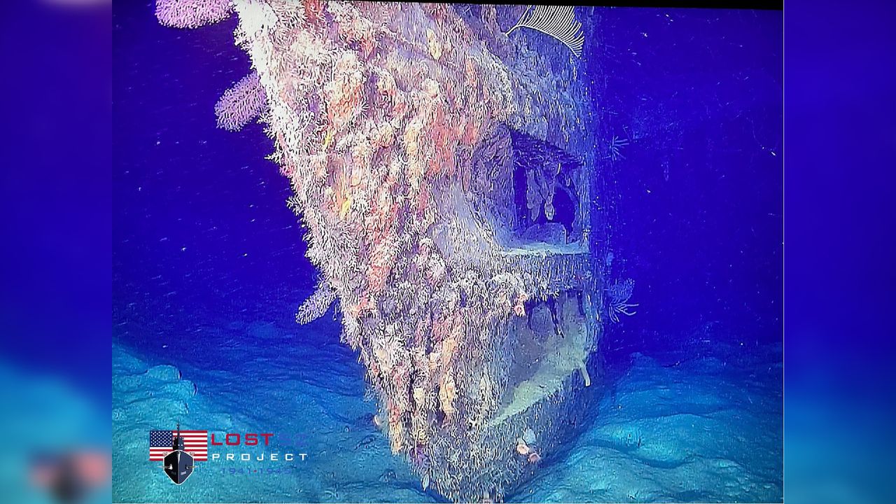 The bow of the ship covered in sea creature growths