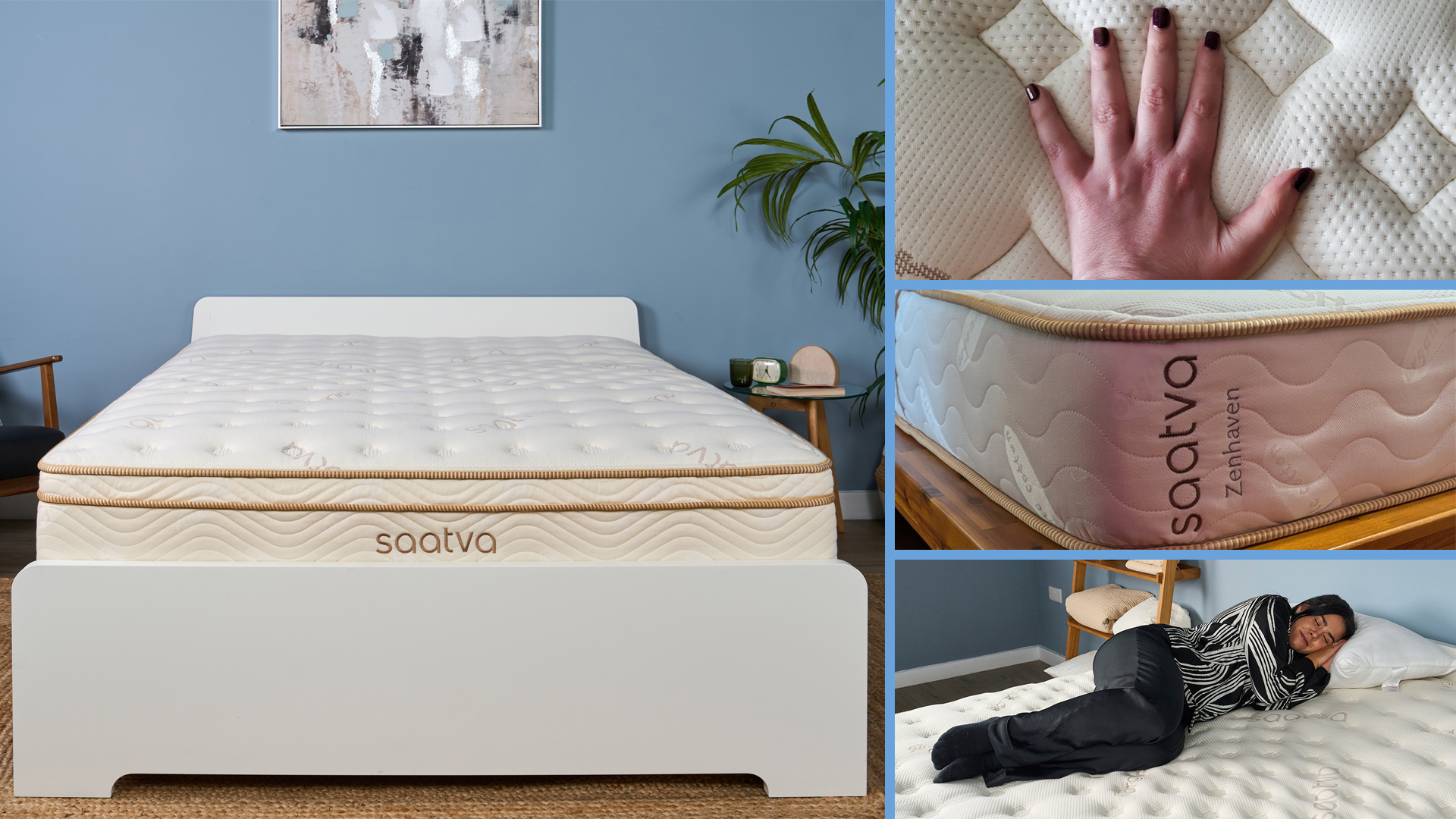 A collage of images of Saatva mattresses. Left, the Saatva Classic in our sleep lab. Right, from top: a hand on the Saatva Rx mattress, a closeup of the Saatva Zenhaven, sleep writer Eve Davies lying on the Saatva Classic mattress