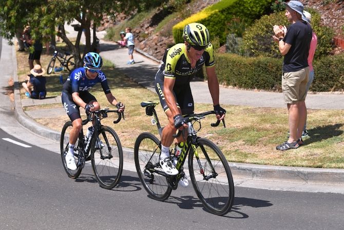 Rob Stannard (Deceuninck-QuickStep) and Team Sky's Kenny Elissonde on the Challambra Crescent climb