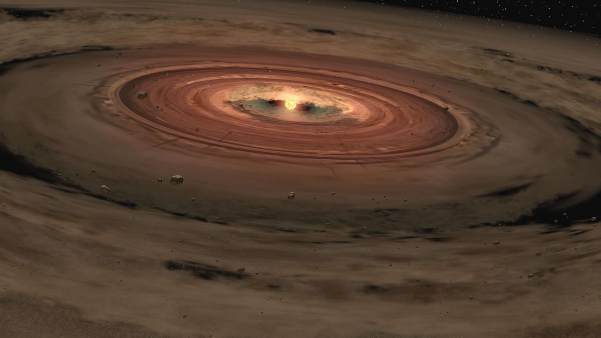 Drawing of brown dwarf surrounded by a swirling disc of planet-building dust.