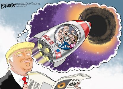 Political Cartoon U.S. Trump Pelosi Schiff Schumer black hole space force