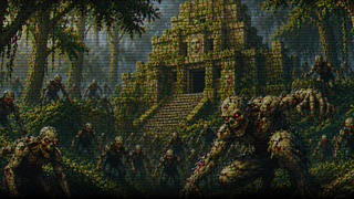 A horde of zombies stand before a jungle temple