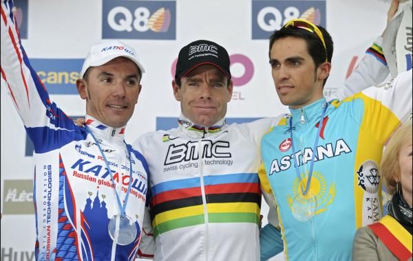 The Fleche Wallonne podium: Joaquin Rodriguez (Katusha), Cadel Evans (BMC Racing Team) and Alberto Contador (Astana)