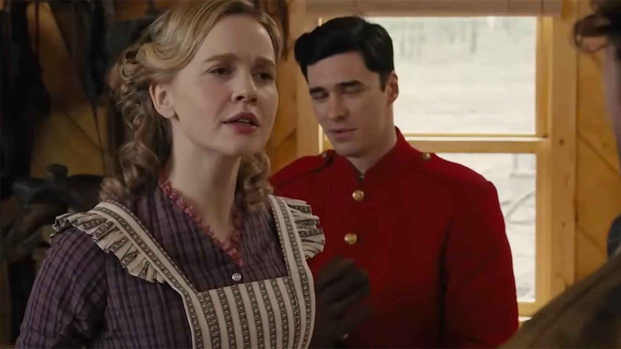 Roan Curtis in a Corset, dress and apron (with pockets) on Hope Valley: 1874