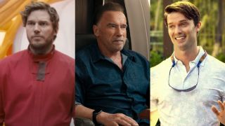 From left to right: A screenshot of Chris Pratt standing and looking serious in Guardians of the Galaxy 3, a press image of Arnold Schwarzenegger sitting and smiling in Fubar and a press image of Patrick Schwarzenegger standing and smiling in The White Lotus. 