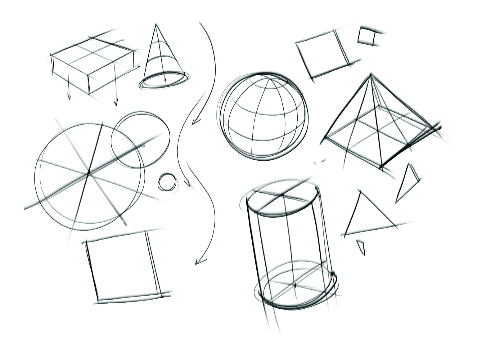 Sketches of 2D and 3D shapes