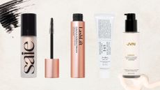 Lineup of our beauty team's favourite buys from Cult Beauty (L-R) a Saie glow booster, Sculpted by Aimee mascara, Dr Althea moisturiser and JVN blow dry milk, on a beige background with swatches