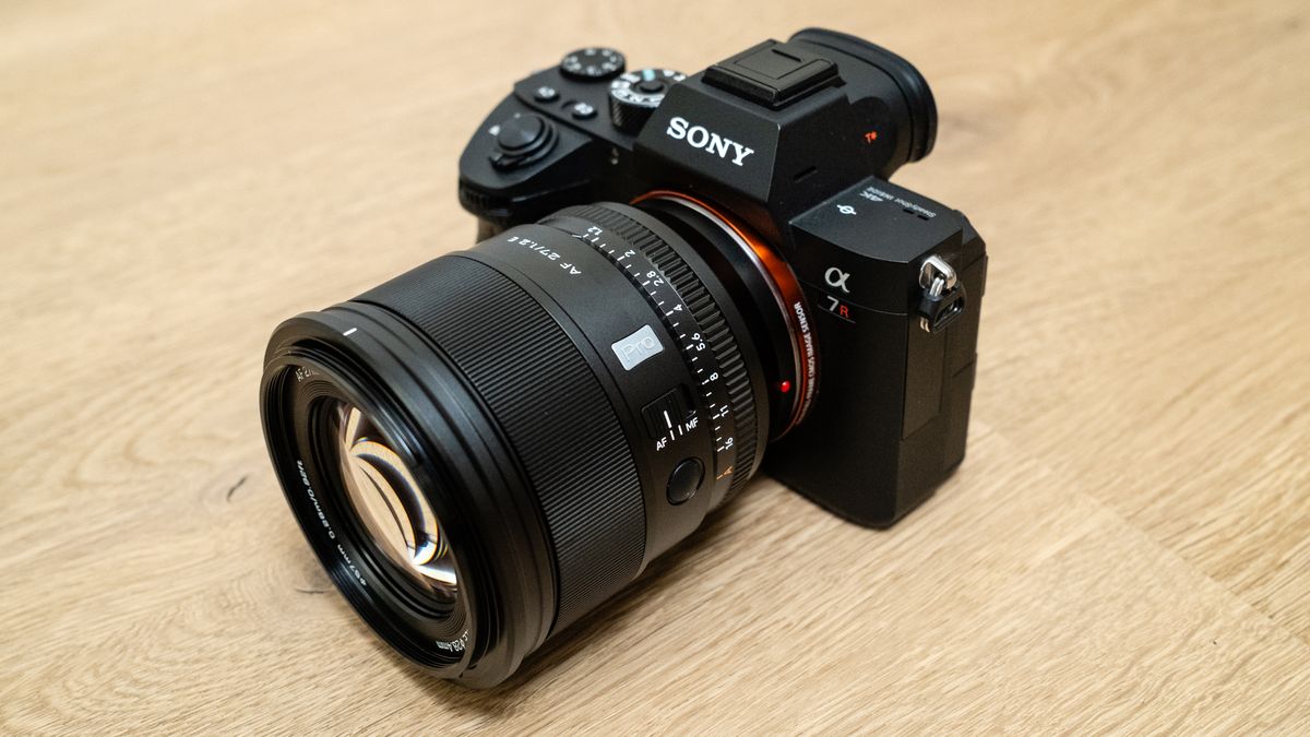Viltrox AF 27mm f/ 1.2 Pro attached to a Sony A7R III on a wooden floor