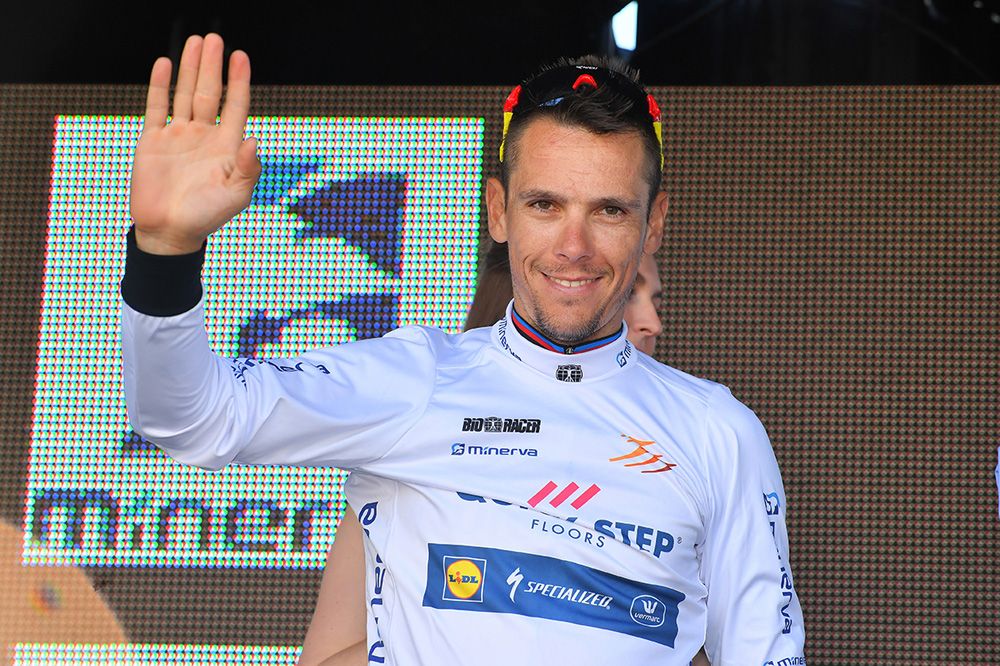 Philippe Gilbert in the white race leaders jersey.