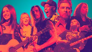 A graphic featuring seven of the guitarists on Guitar World's 25-for-2025 list