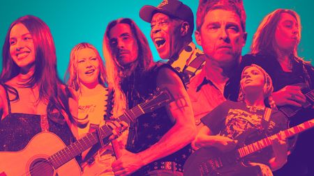 A graphic featuring seven of the guitarists on Guitar World's 25-for-2025 list