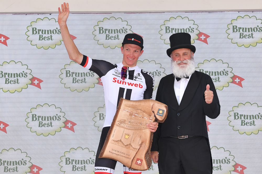 Soren Kragh Andersen (Team Sunweb) on the Tour de Suisse podium after winning stage 6