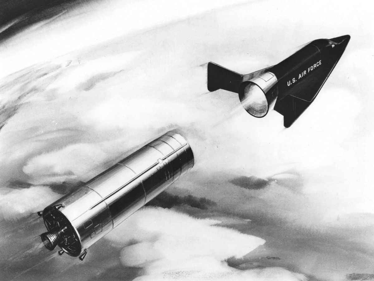 An artist's illustration of the Dyna-Soar spacecraft separating from the upper stage of its Titan booster into Earth orbit. The 35.5-foot-long space plane, with its sharply swept delta wings, would be launched into orbit under the control of its pilot/astronaut.