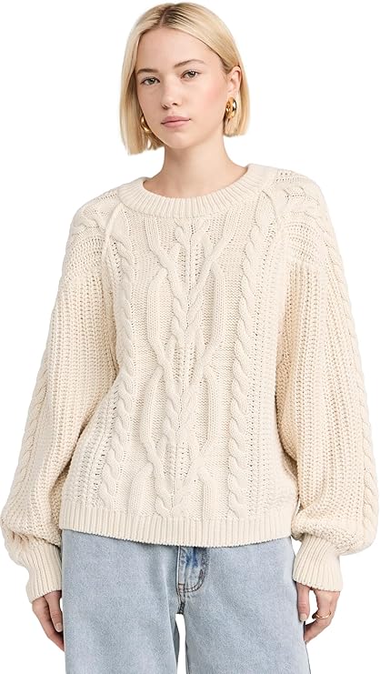 Free People, Free People Women&#039;s Frankie Cable Pullover, Ivory, Off White, S