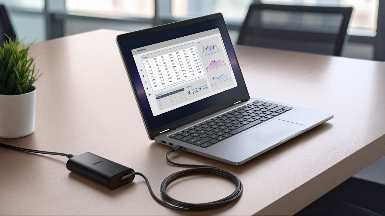 Dell 14 Plus Laptop on desk with cable connected