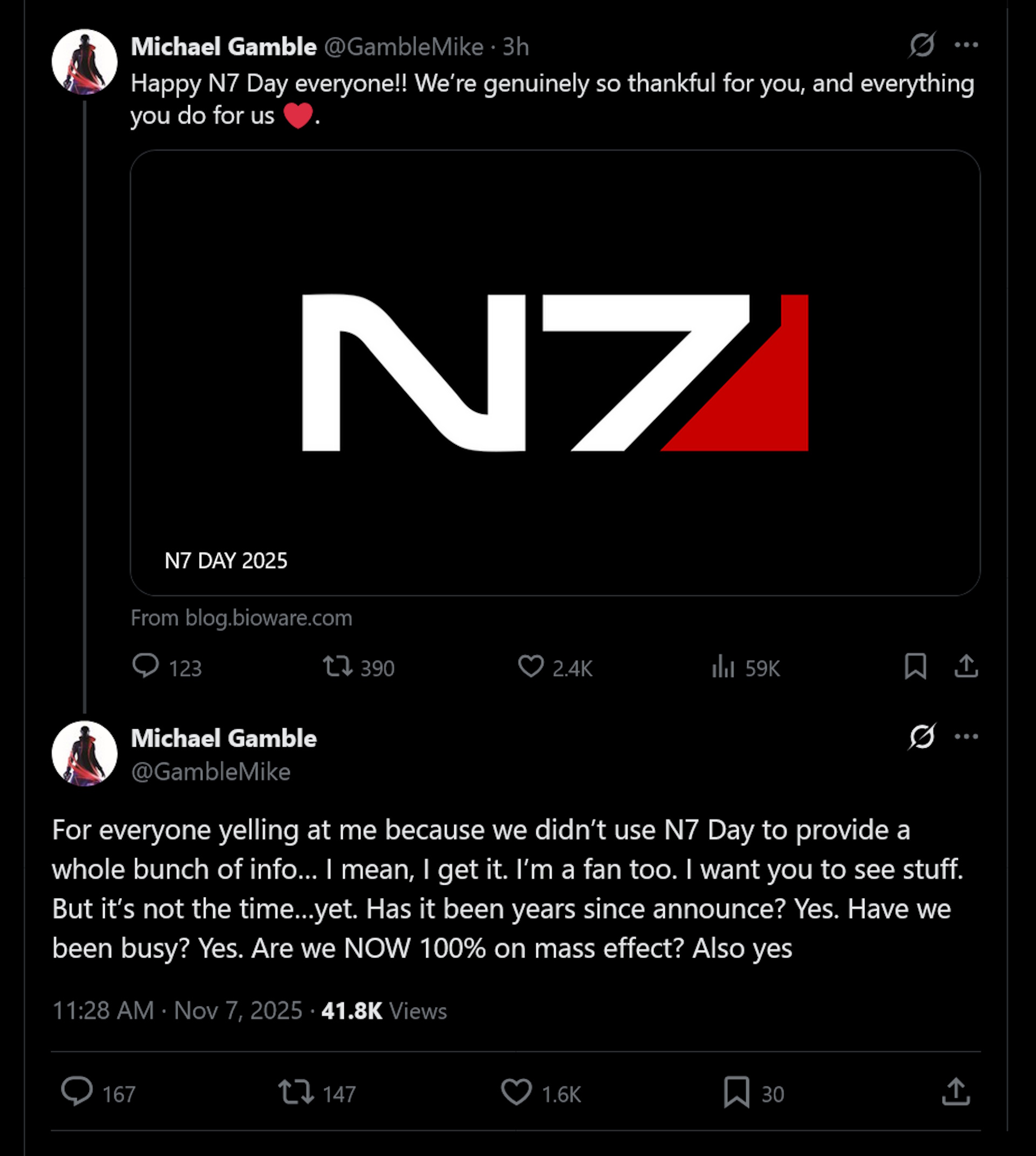 For everyone yelling at me because we didn’t use N7 Day to provide a whole bunch of info… I mean, I get it. I’m a fan too. I want you to see stuff. But it’s not the time…yet. Has it been years since announce? Yes. Have we been busy? Yes. Are we NOW 100% on mass effect? Also yes