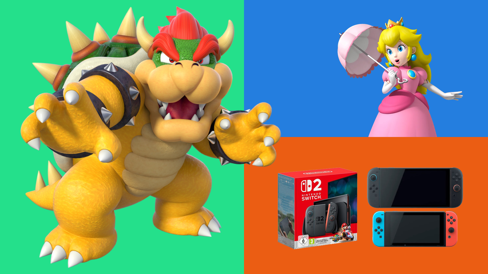 A selection of the Super Mario Bro characters, and Switch consoles. 