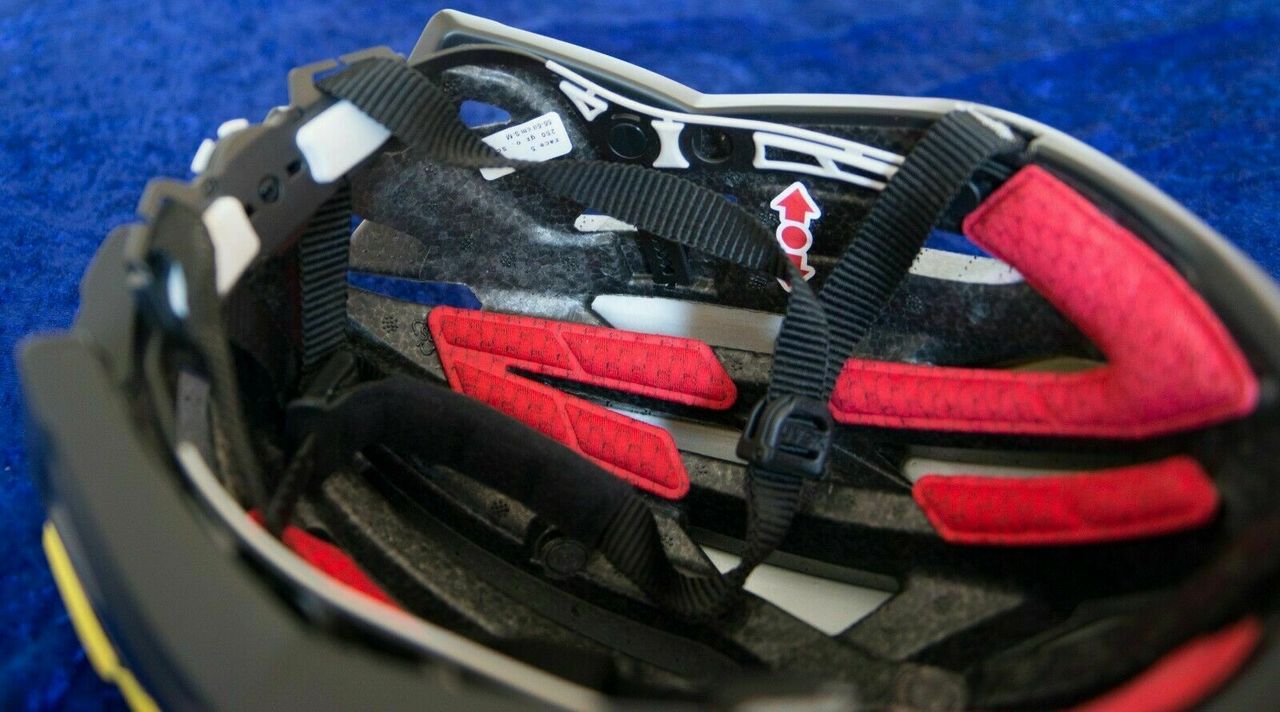 The helmet is in great, seemingly unused condition, with good padding and a decent retention system