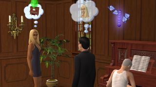 The Sims 2 - Dina Caliente looks at Alexander Goth who is thinking about her while Mortimer Goth plays piano in his underwear.