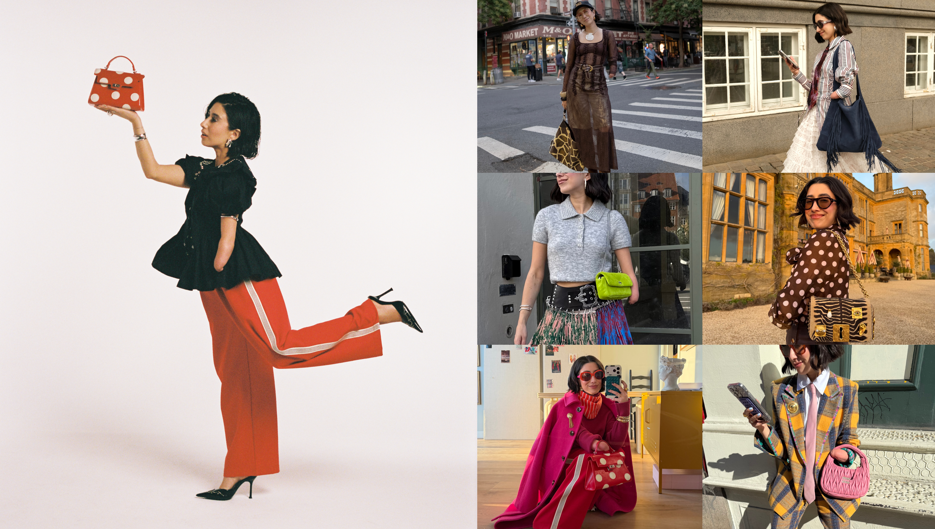 a collage of April Lockhart and funky bold bags, including April Lockhart wearing red pants, a black shirt, a red and white polka dot bag, a pink Miu Miu bag, and blue fringe tote bag