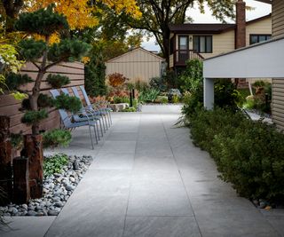 paved patio and path in a backyard