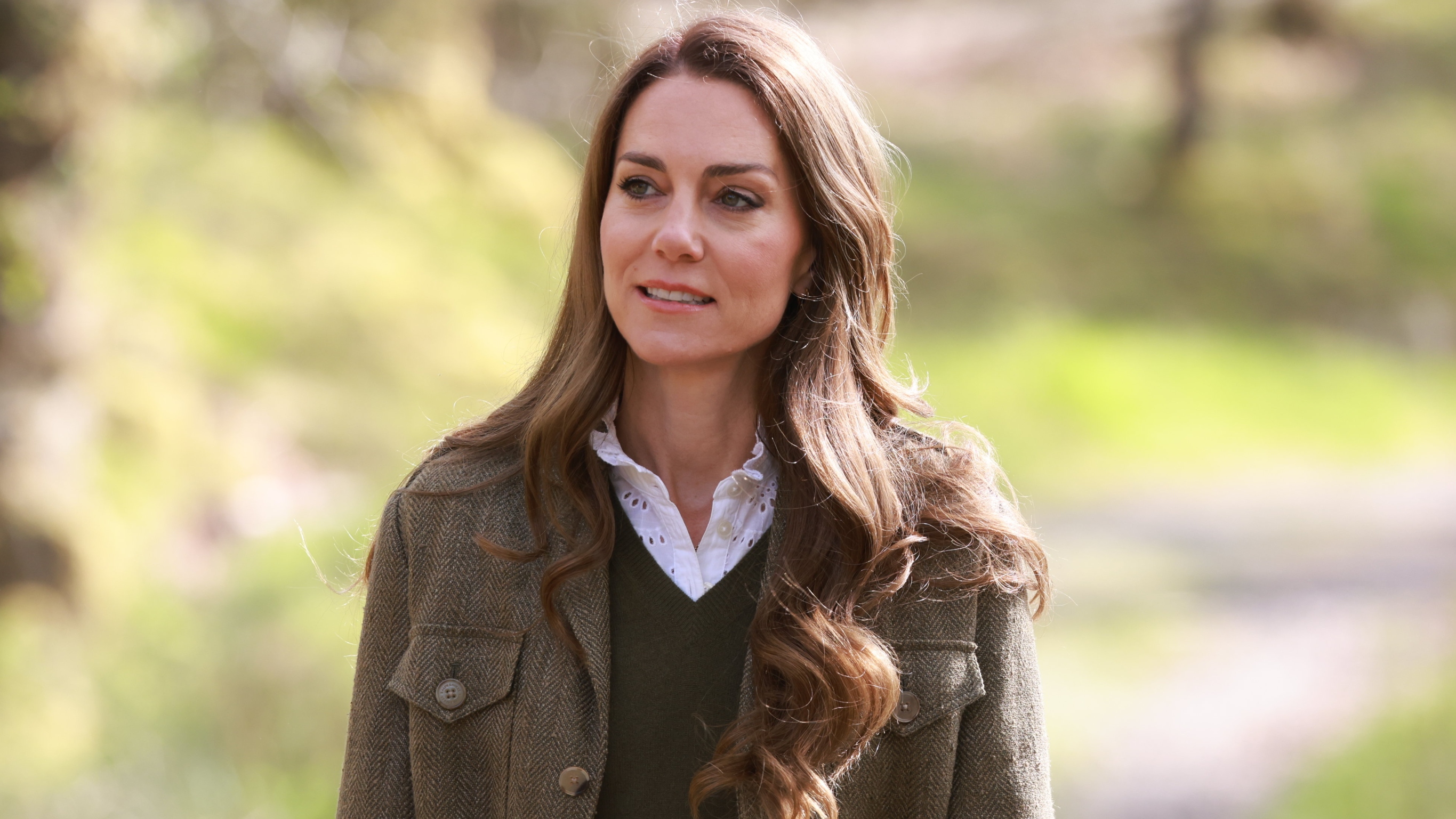 Catherine, Princess of Wales looks during a visit to Ardura Community Forest on April 30, 2025 in Ardura, Isle of Mull