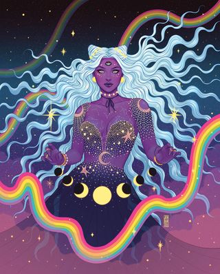 A woman in a celestial landscape with purple skin and three eyes