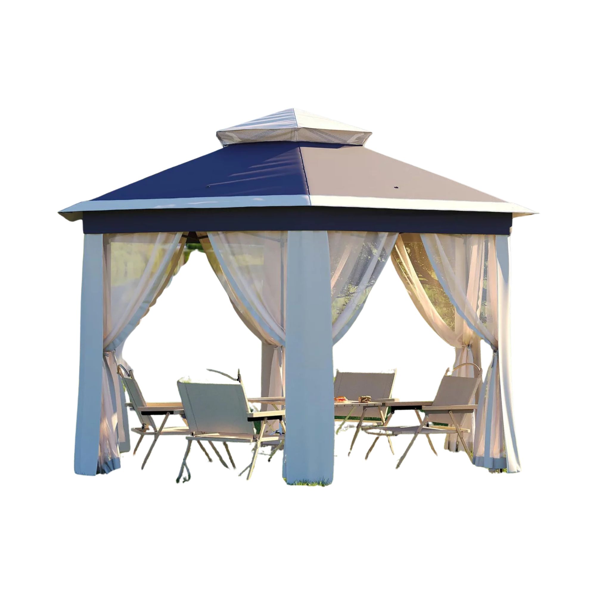 A blue and white gazebo with beige furniture underneath it