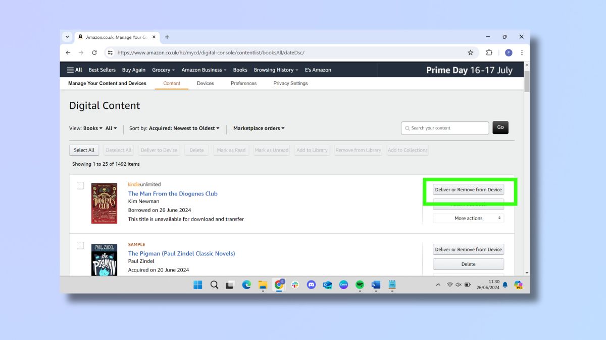 Screenshot showing how to send an ebook from Amazon Content and Devices - Select Deliver or Remove from Device