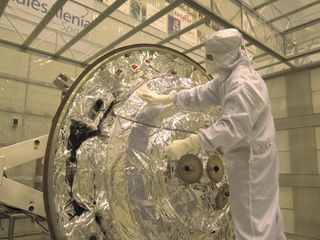 A photo of the European Space Agency's Schiaparelli lander undergoing a bioassay evaluation in the clean tent at a Russian launch site to ensure the entry, descent and landing module meets the strict limits for microbiological contamination set for planetary protection.